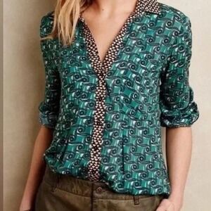Maeve Anthropologie Casia Green Roll-Up Long Sleeve V-Neck Button Front Size 6